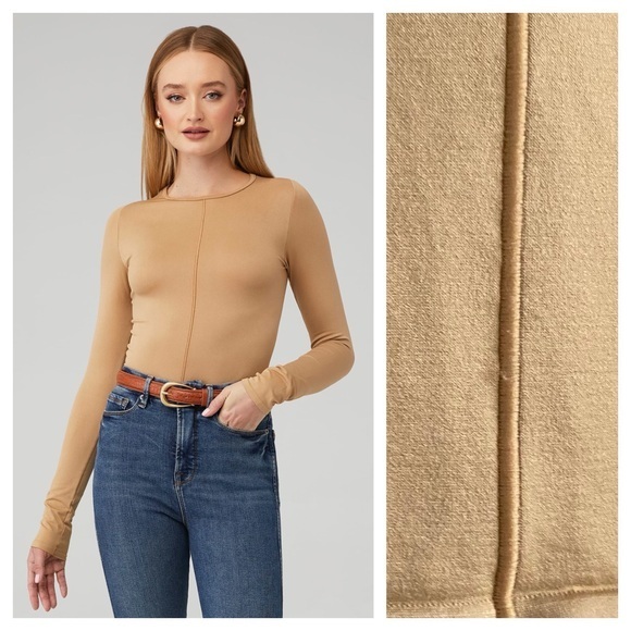 Good American Tan Beige Scultped Seamlesss Long Sleeve Tee - Picture 1 of 14